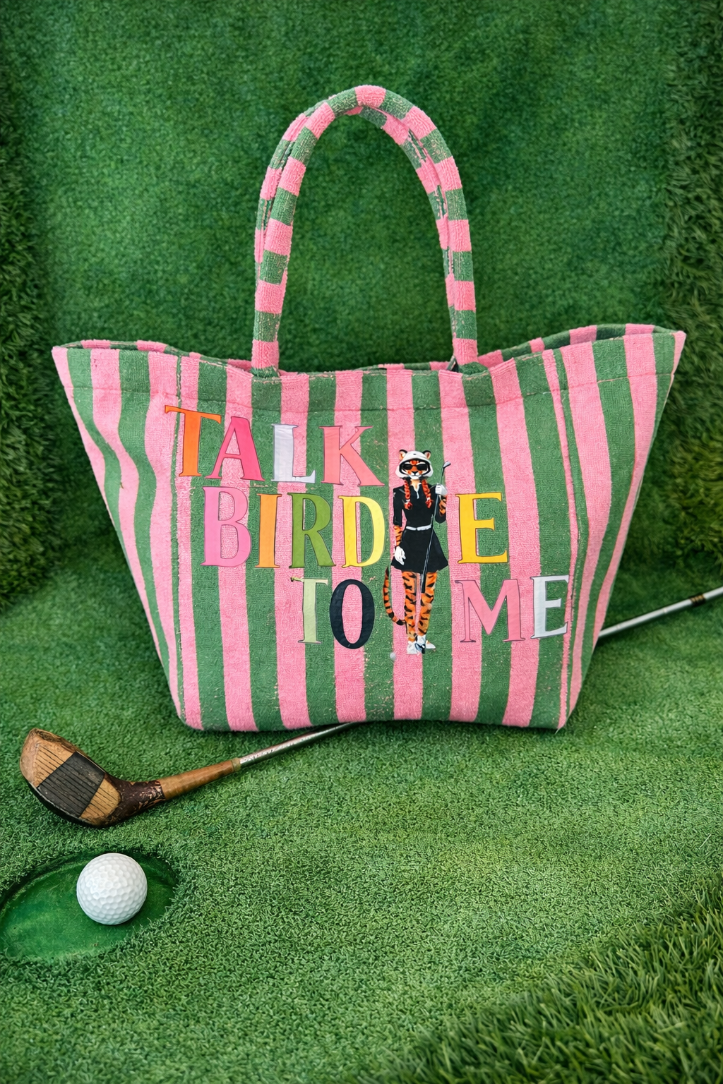 TALK BIRDIE TO ME STRIPED TOTE BAG TOTE BAG Judith March