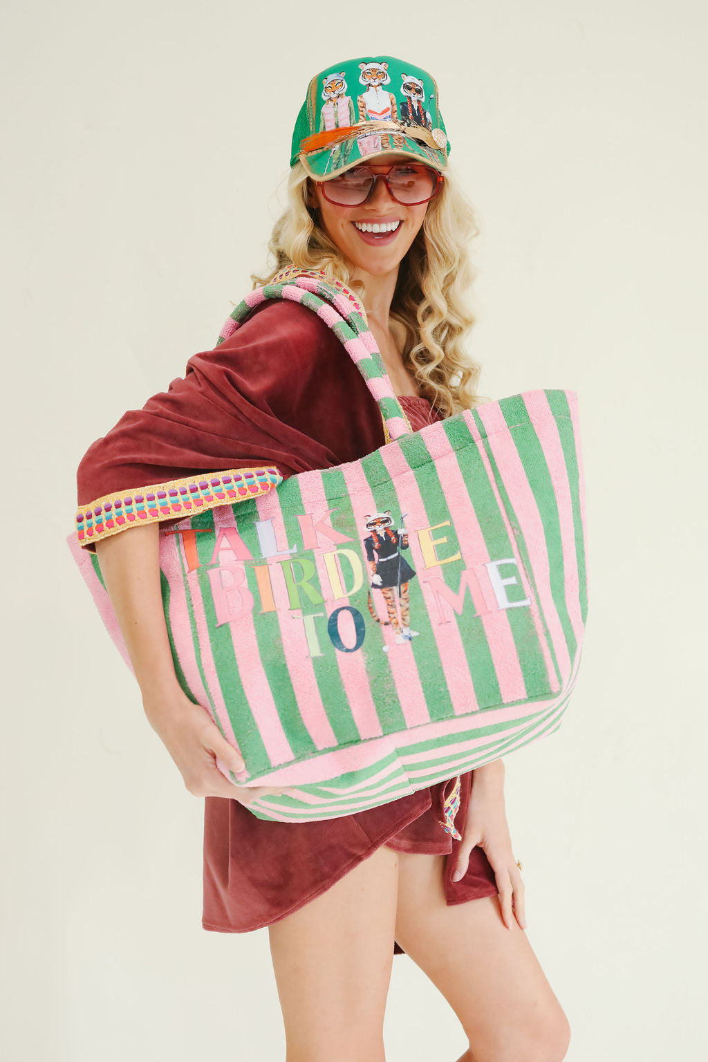 TALK BIRDIE TO ME STRIPED TOTE BAG TOTE BAG Judith March