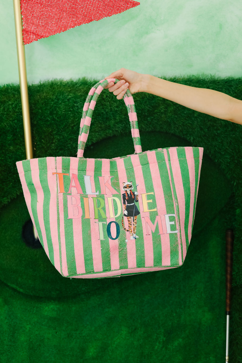 TALK BIRDIE TO ME STRIPED TOTE BAG TOTE BAG Judith March