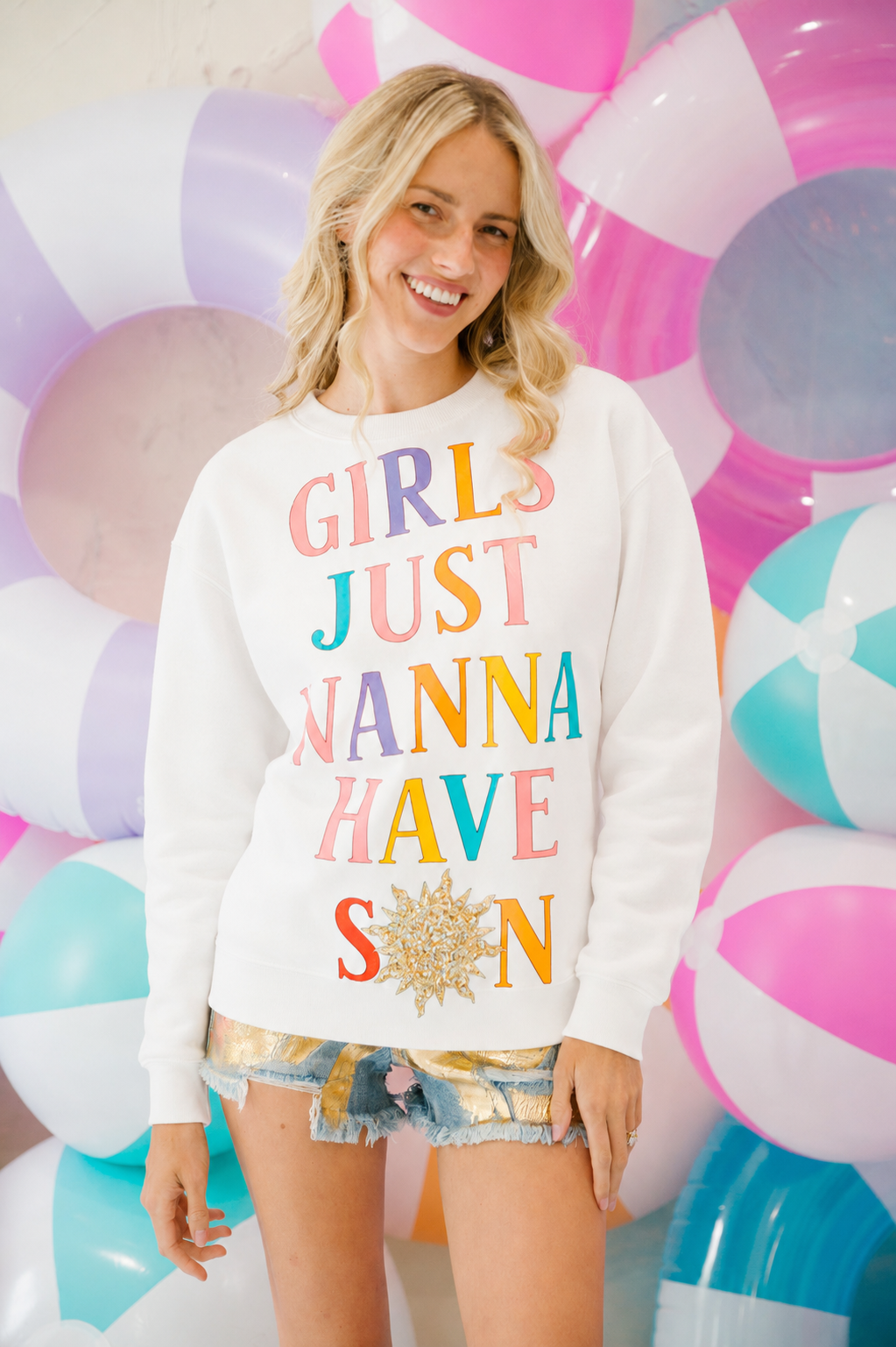 GIRLS JUST WANNA HAVE SUN WHITE PULLOVER SWEATER Judith March