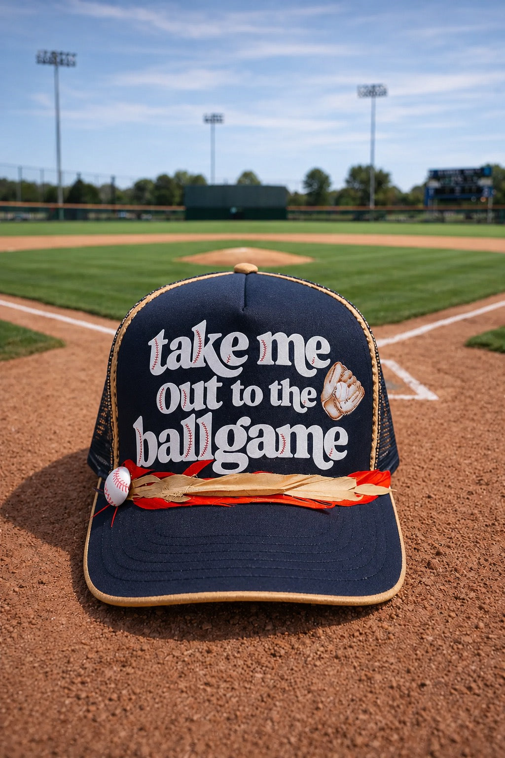 TAKE ME OUT TO THE BALLGAME NAVY TRUCKER HAT HAT Judith March