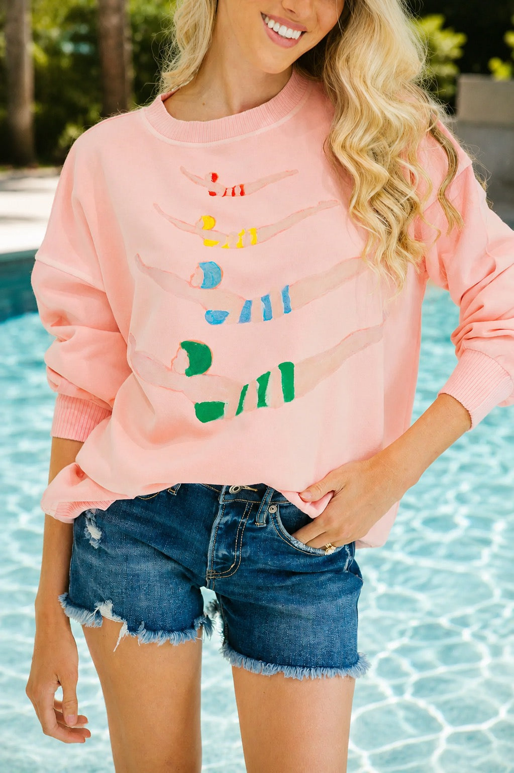 SWIM CLUB HAND PAINTED PINK PULLOVER PULLOVER Judith March