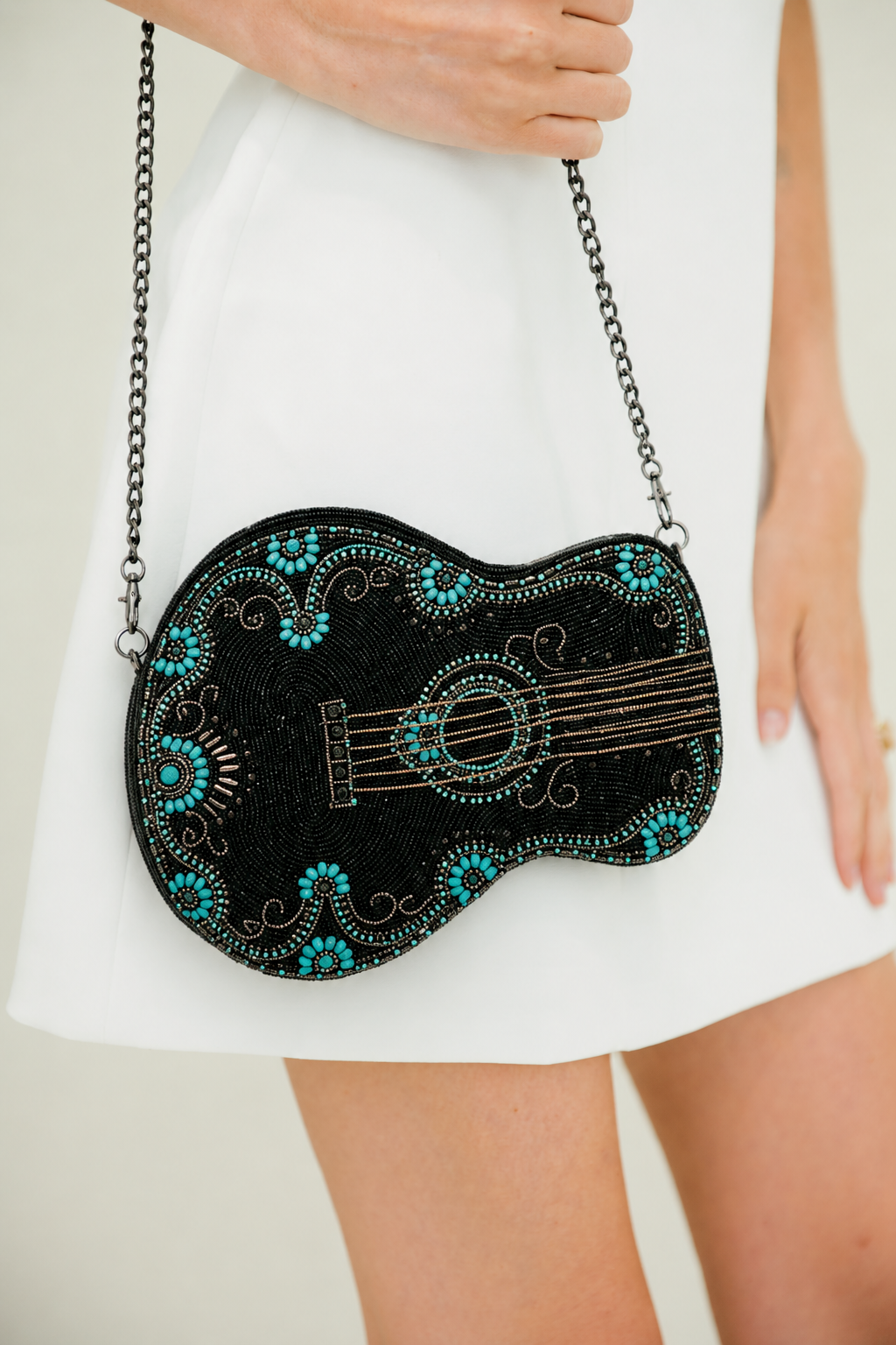 TURQUOISE TUNE GUITAR SHAPED BEADED CROSSBODY HANDBAG - BY MARY FRANCES PURSE Judith March