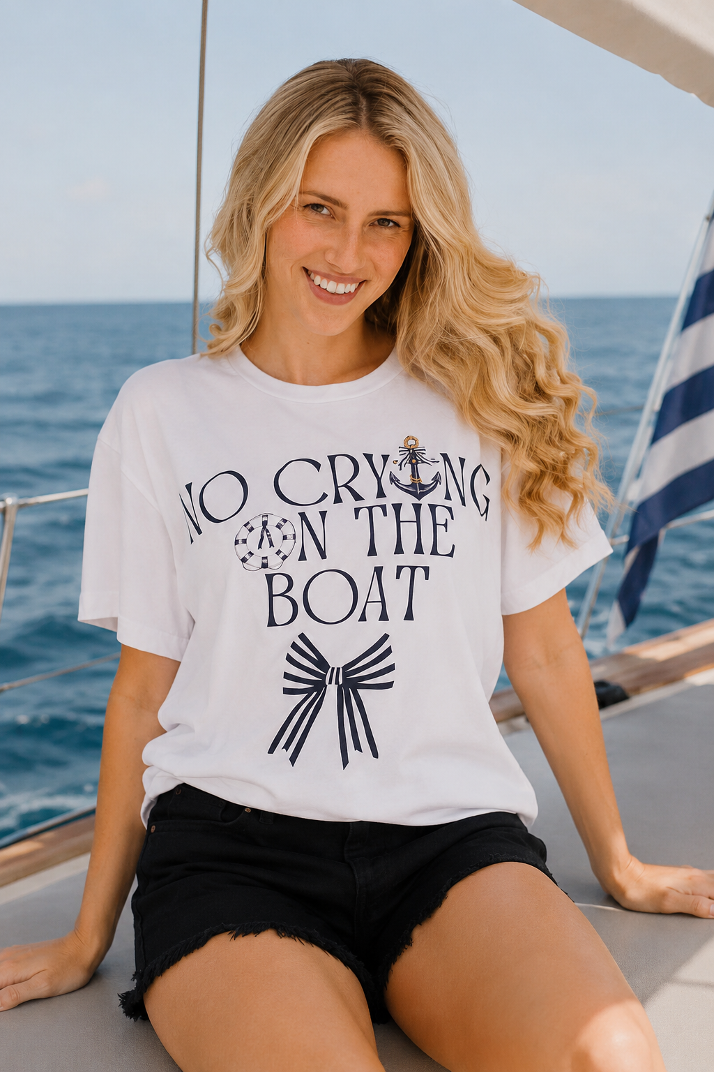NO CYRING ON THE BOAT TEE TEE Judith March