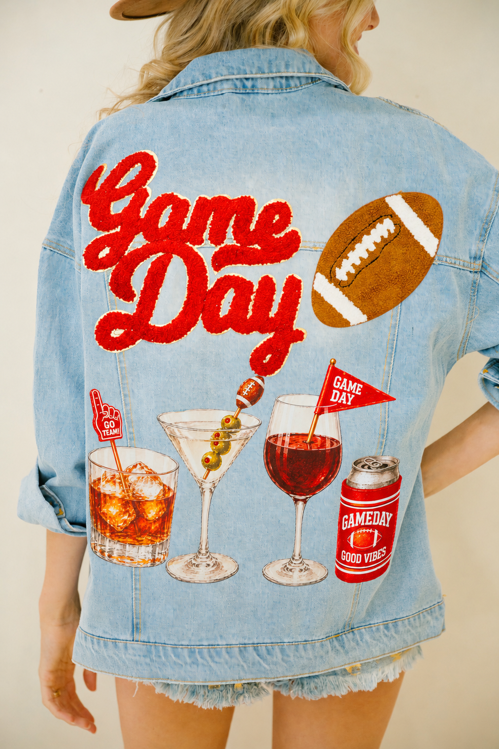 COCKTAILS & KICKOFF BOYFRIEND DENIM JACKET SWEATER Judith March