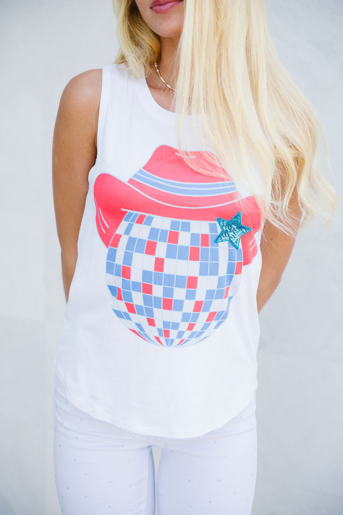 White tank with disco cowboy hat print and blue star patch. 