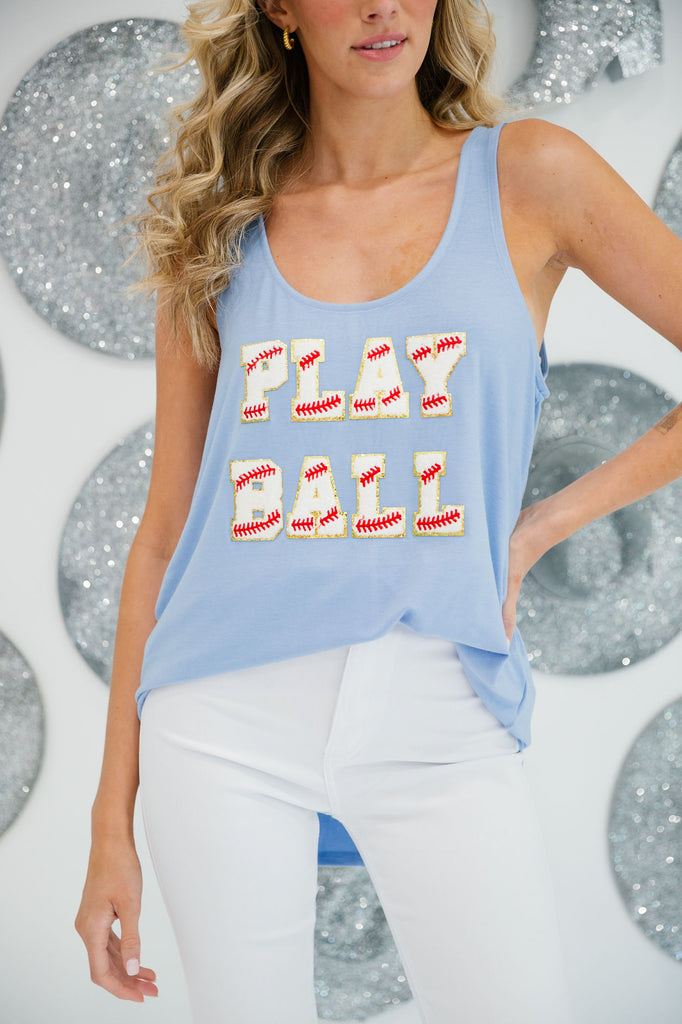 Light blue tank top with baseball letters spelling "Play Ball"
