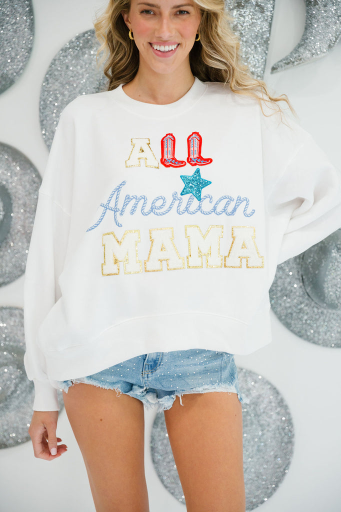 White 4th of July pullover that has "All American Mama"