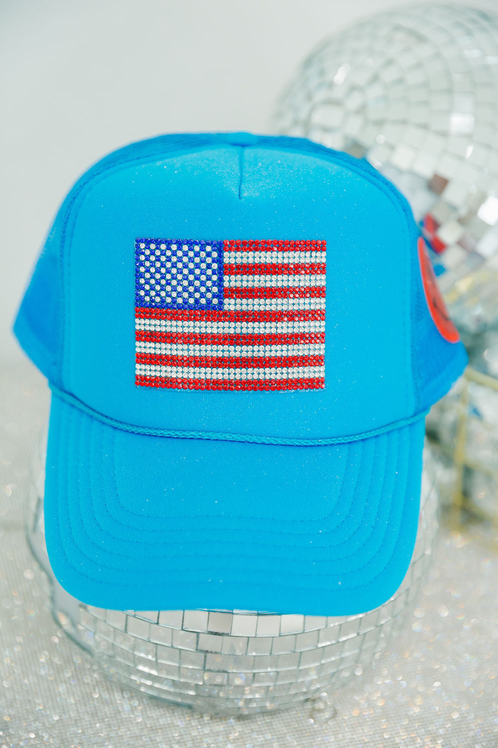 RHINESTONE FLAG BLUE TRUCKER HAT TRUCKER HAT Judith March