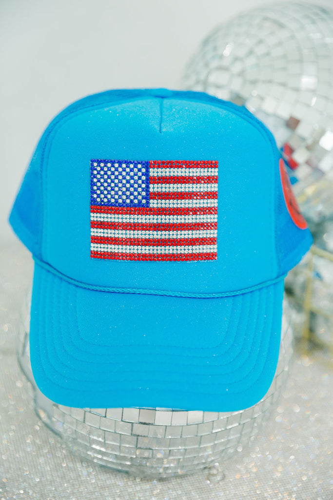 Blue trucker hat with an American flag patch