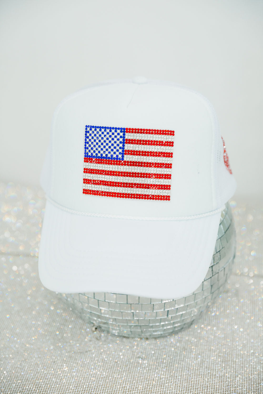 RHINESTONE FLAG WHITE TRUCKER HAT TRUCKER HAT Judith March