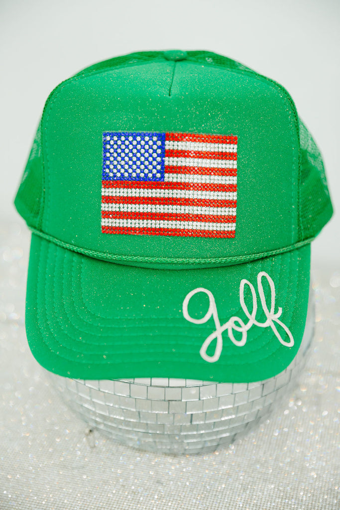 Green trucker hat with American flag patch, golf patch on the bill with a glitter option