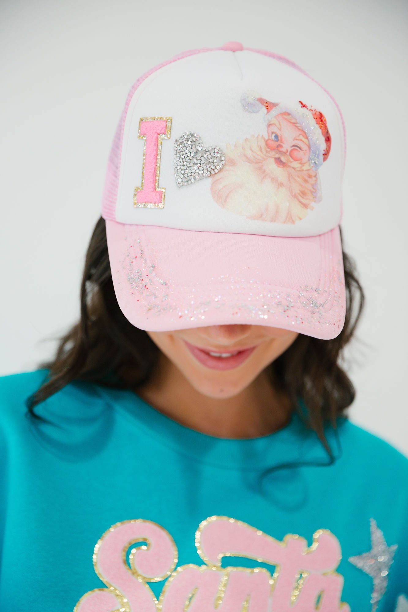 I HEART SANTA PINK TRUCKER HAT HAT Judith March