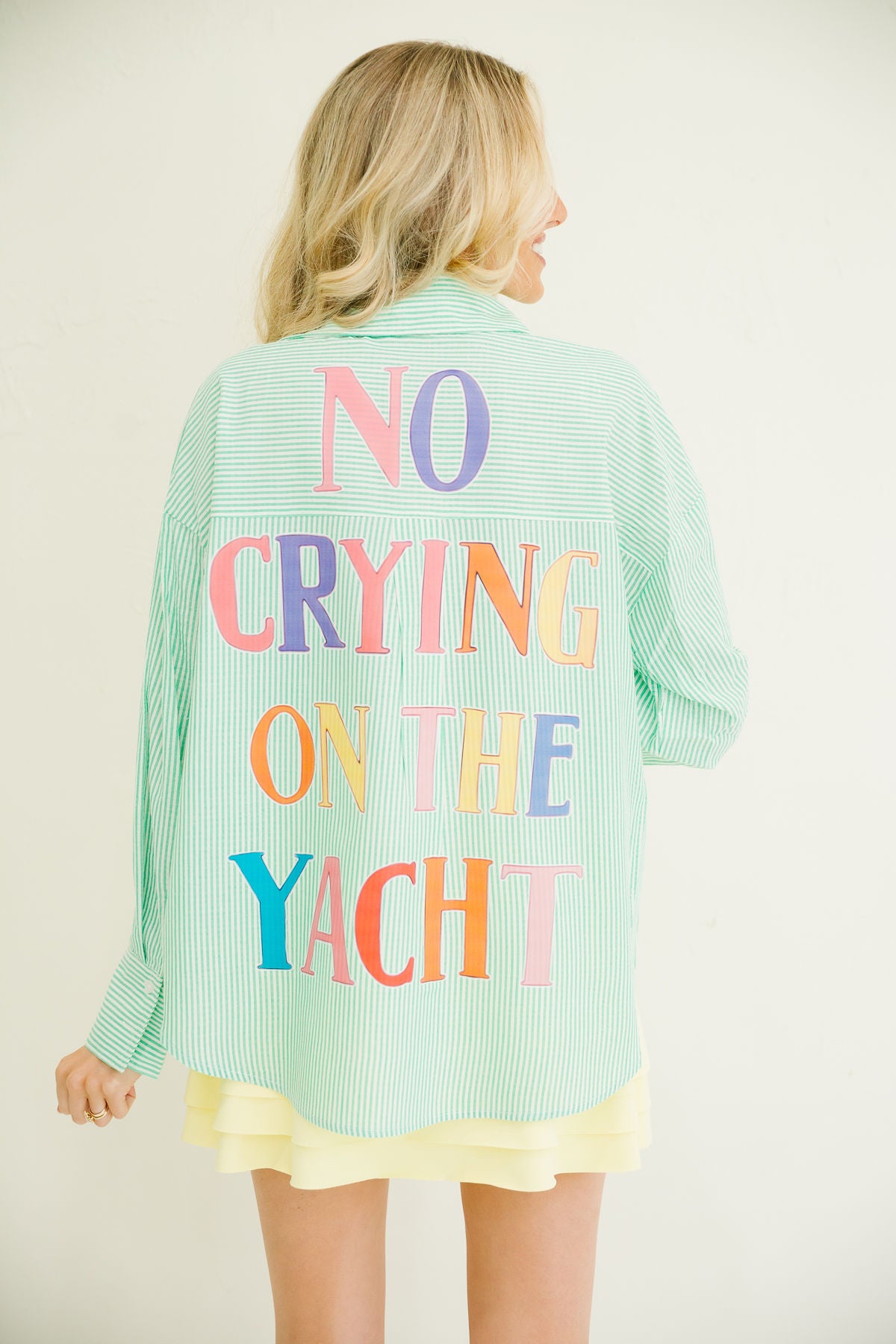 NO CRYING ON THE YACHT GREEN STRIPED BUTTON DOWN TOP Judith March