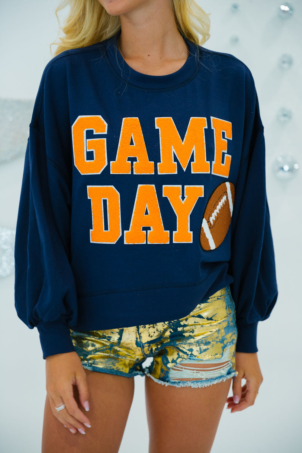 GAME DAY VARSITY FOOTBALL PULLOVERS gameday23 Judith March SMALL NAVY WITH ORANGE LETTERS
