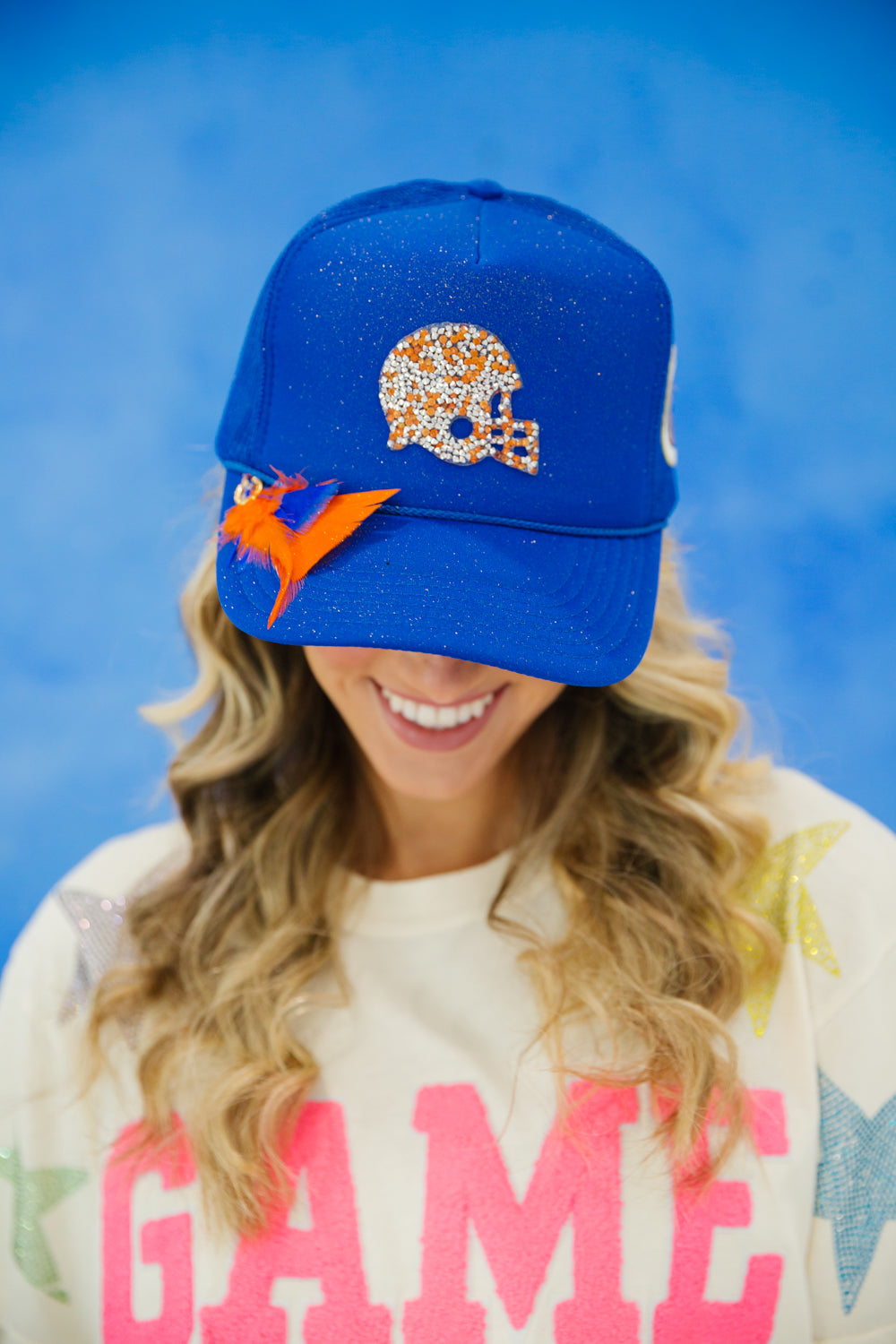 FIGHT ON ROYAL TRUCKER HAT gameday23 Judith March YES- SPARKLE SPRAY