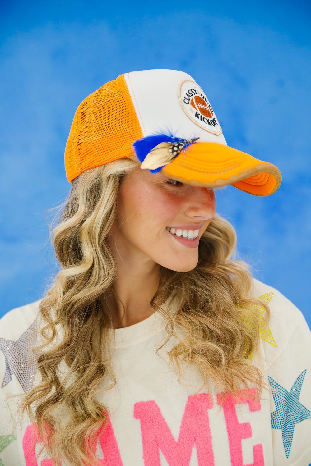 CLASSY UNTIL KICKOFF ORANGE AND WHITE TRUCKER gameday23 Judith March