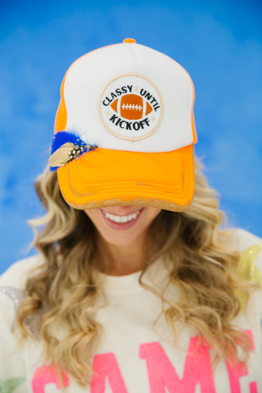 CLASSY UNTIL KICKOFF ORANGE AND WHITE TRUCKER gameday23 Judith March