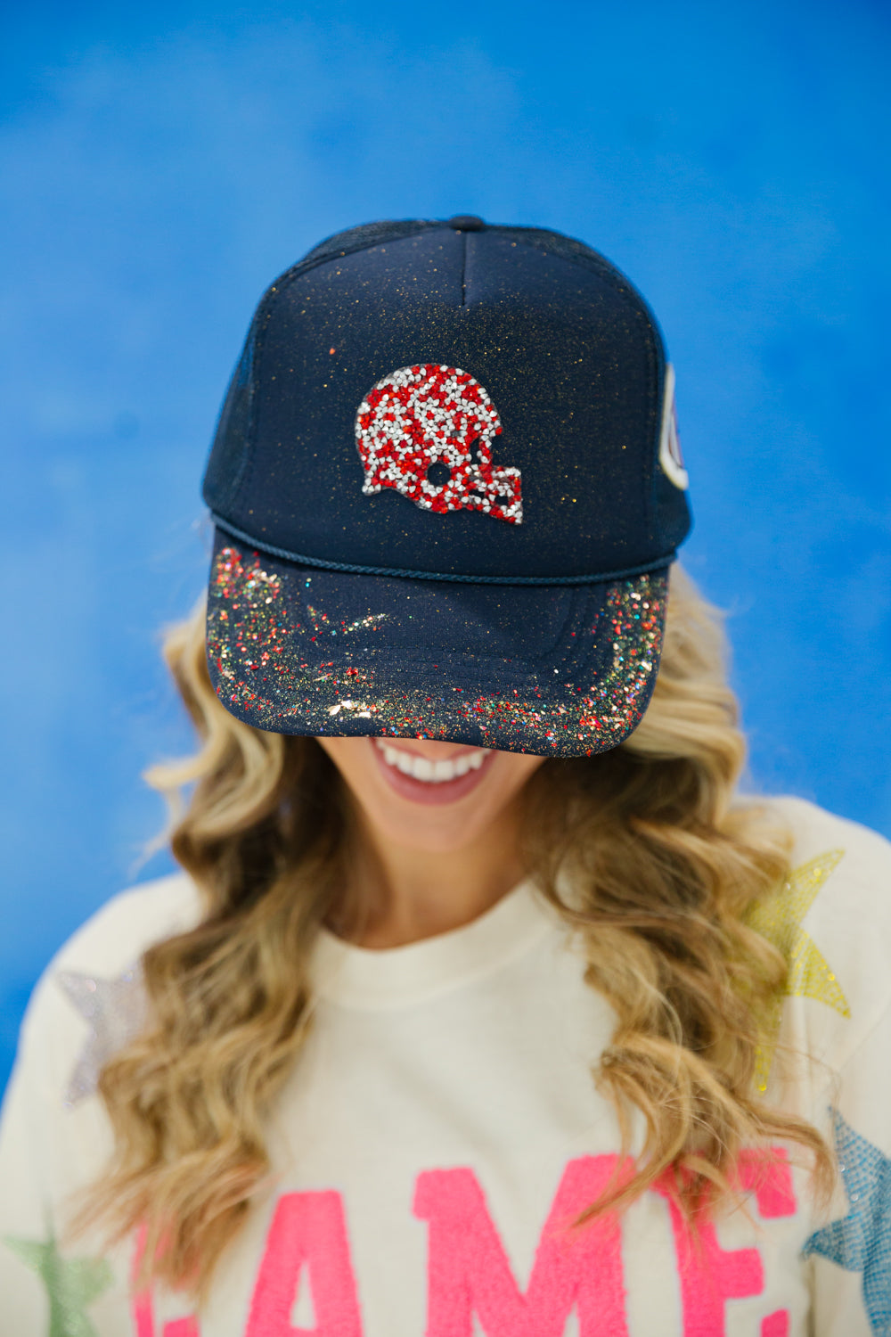 FOOTBALL HELMET GLITTER TRUCKER HAT gameday23 Judith March NAVY