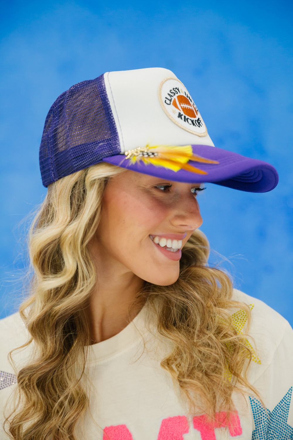 CLASSY UNTIL KICKOFF PURPLE AND WHITE TRUCKER gameday23 Judith March
