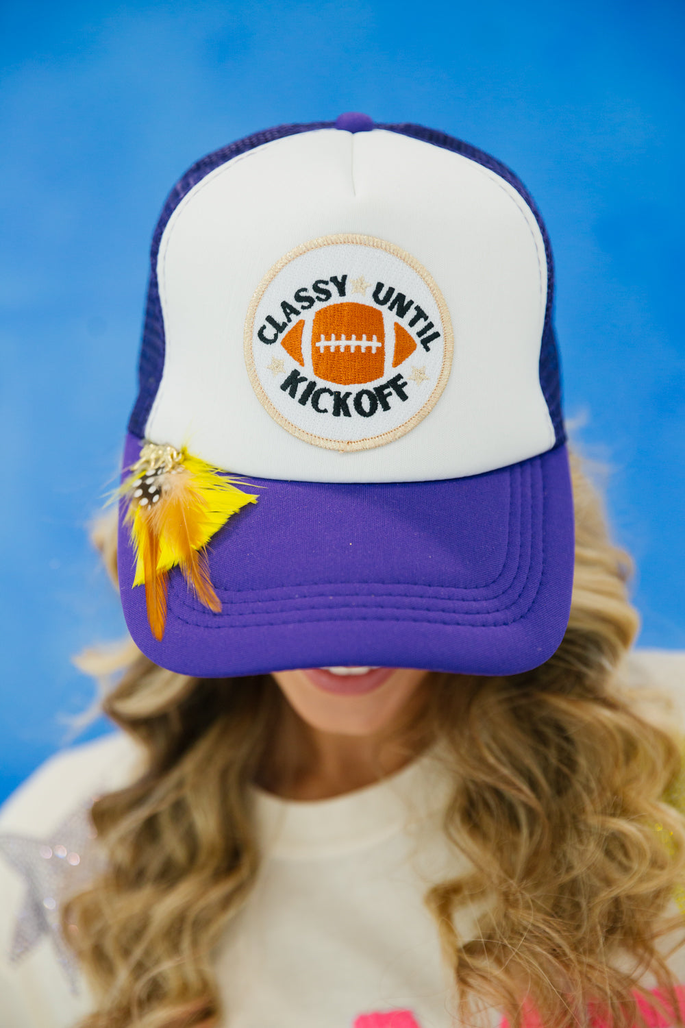 CLASSY UNTIL KICKOFF FEATHER HATS gameday23 Judith March PURPLE AND WHITE