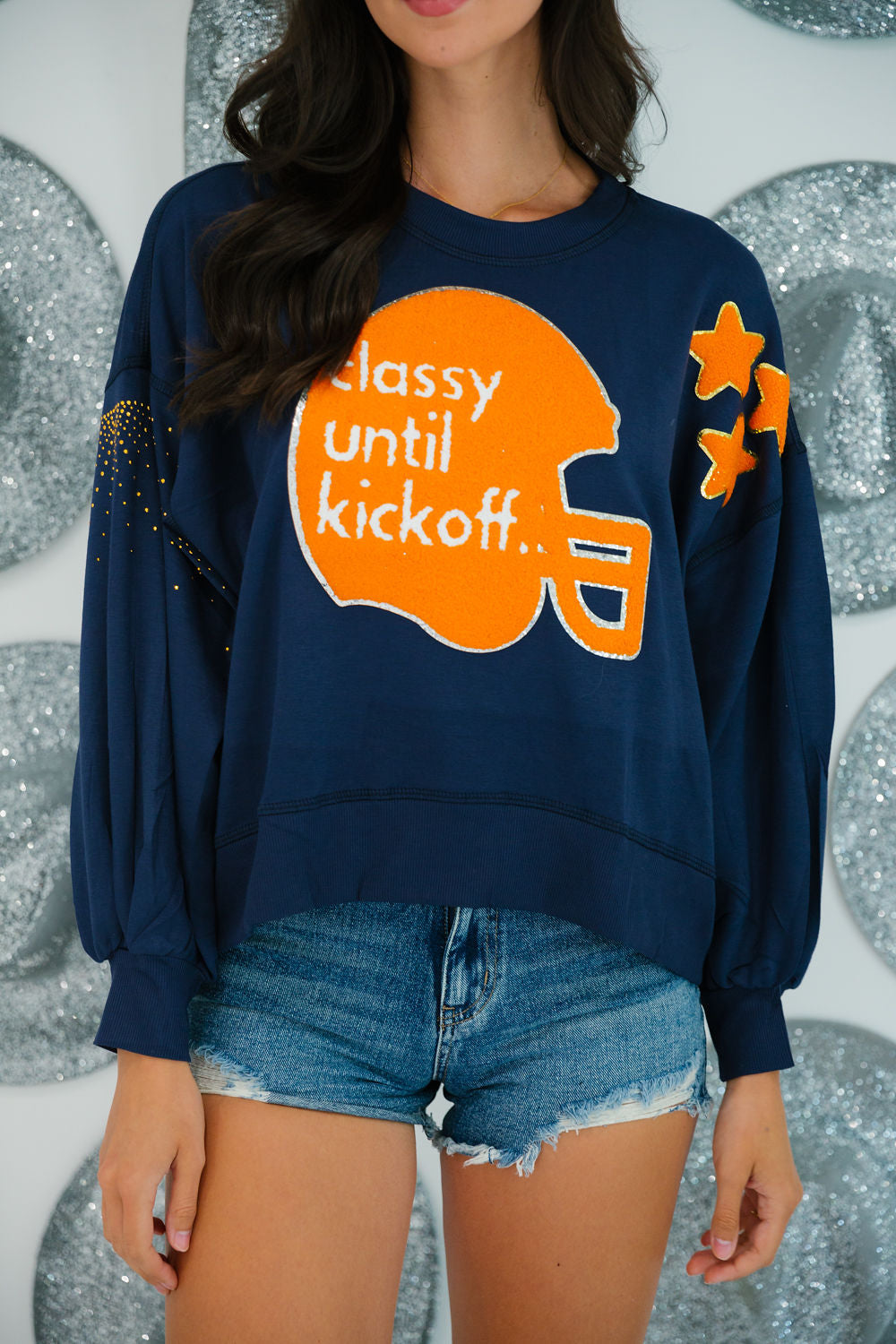 CLASSY UNTIL KICKOFF HELMET STAR PULLOVERS gameday23 Judith March SMALL NAVY WITH ORANGE HELMET