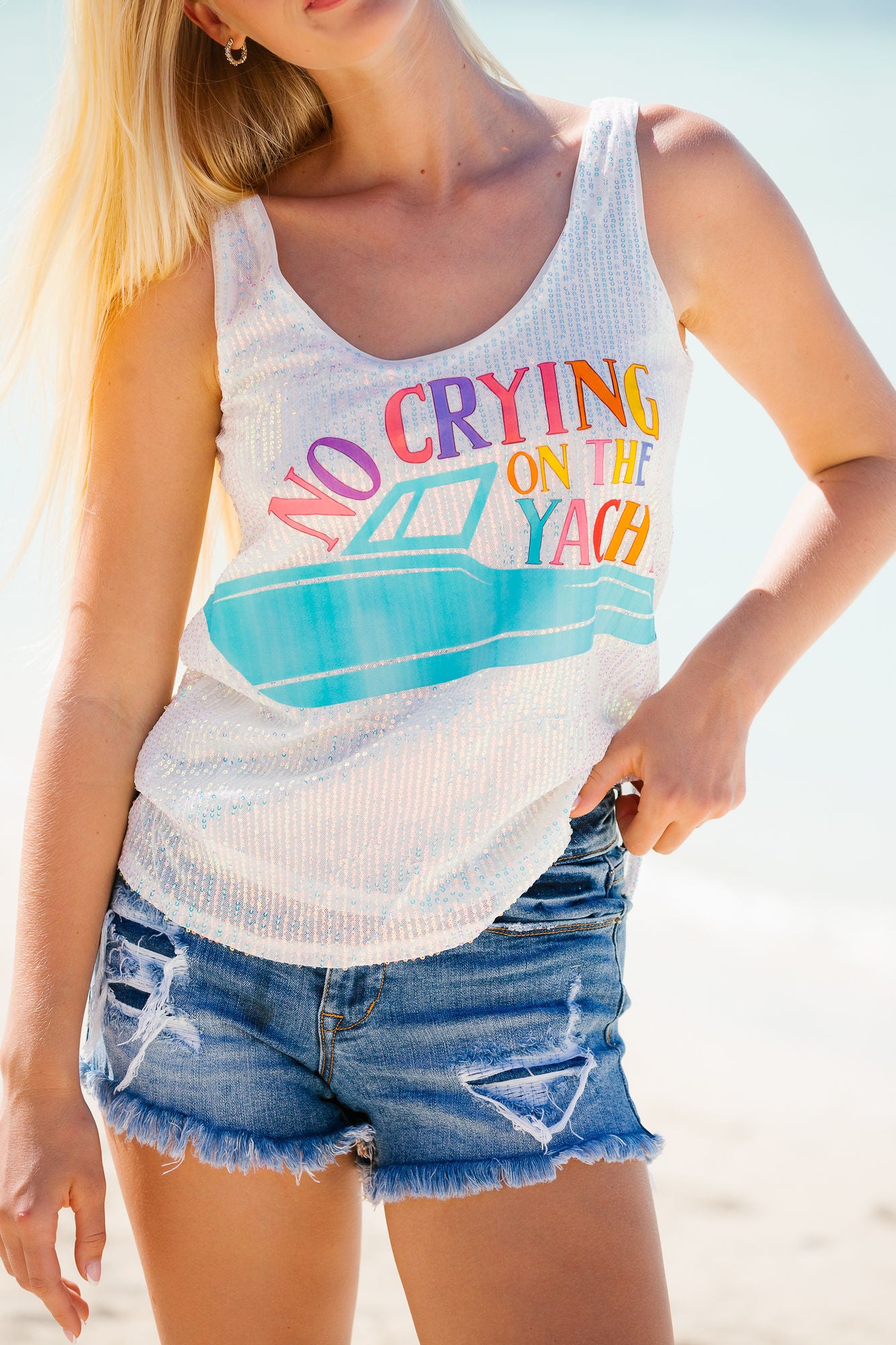 NO CRYING ON THE YACHT SILVER SEQUIN TANK TANK Judith March