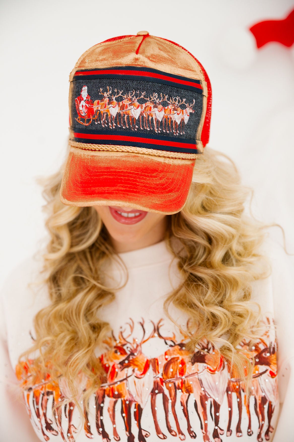 SANTA'S SLEIGH RED STRUCTURED HAT TRUCKER HAT Judith March