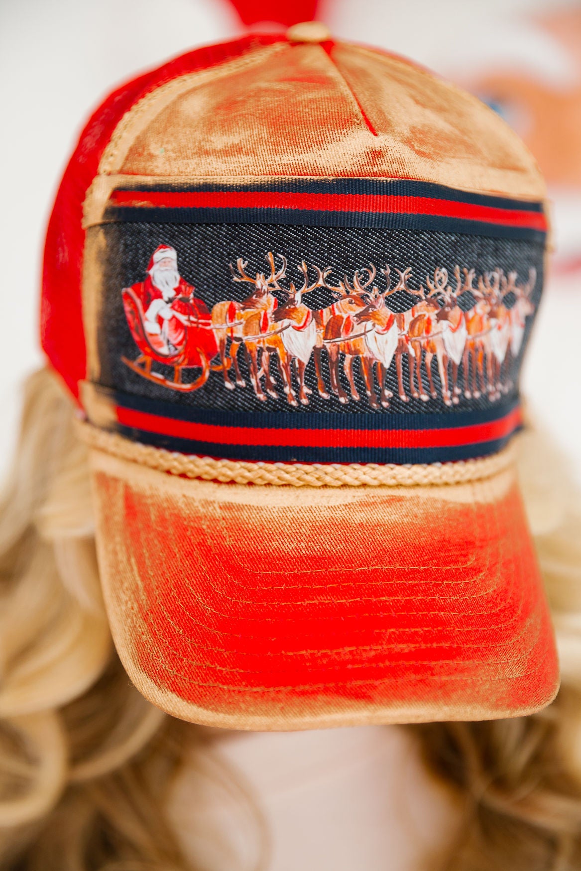 SANTA'S SLEIGH RED STRUCTURED HAT TRUCKER HAT Judith March