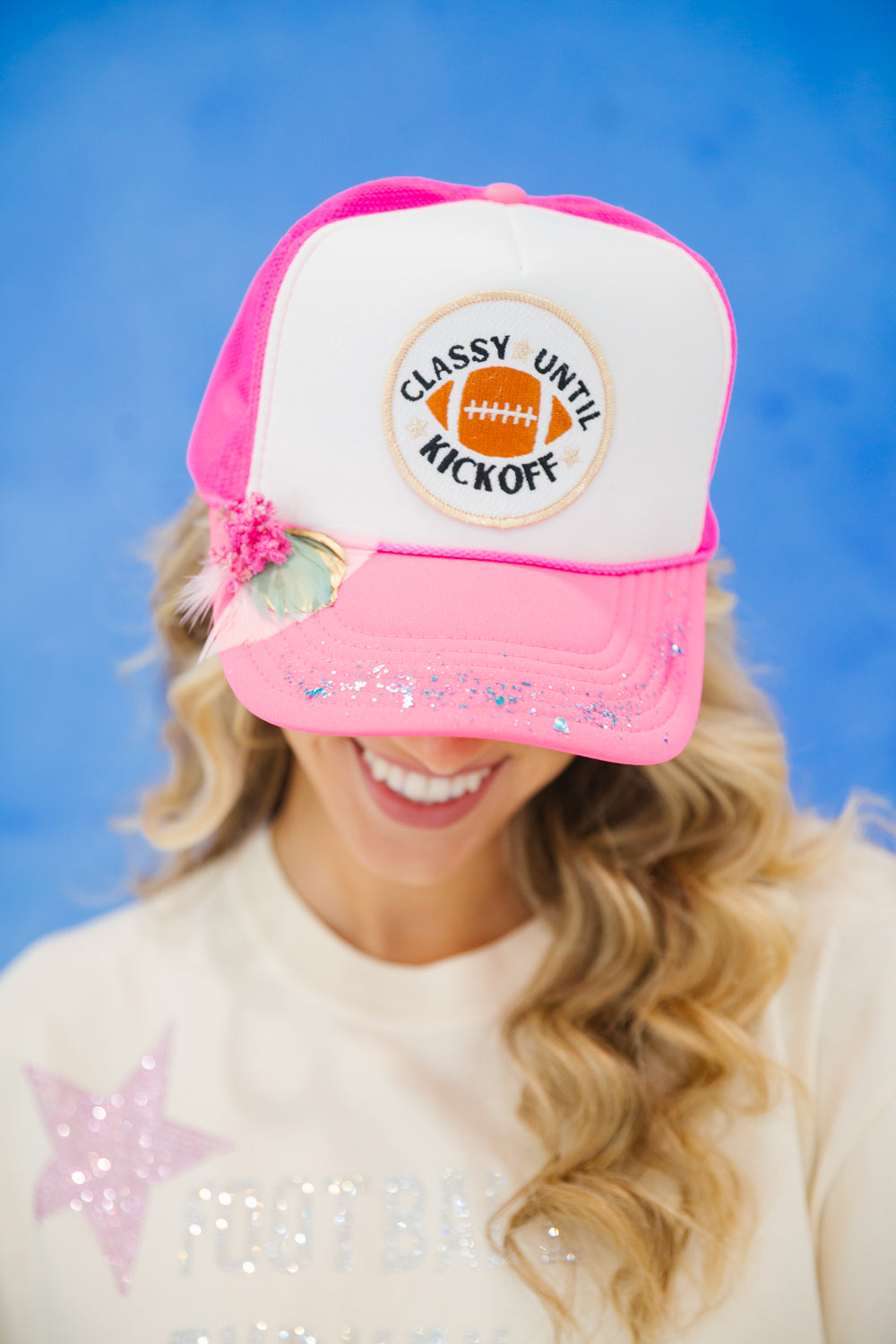 CLASSY UNTIL KICKOFF PINK AND WHITE TRUCKER gameday23 Judith March