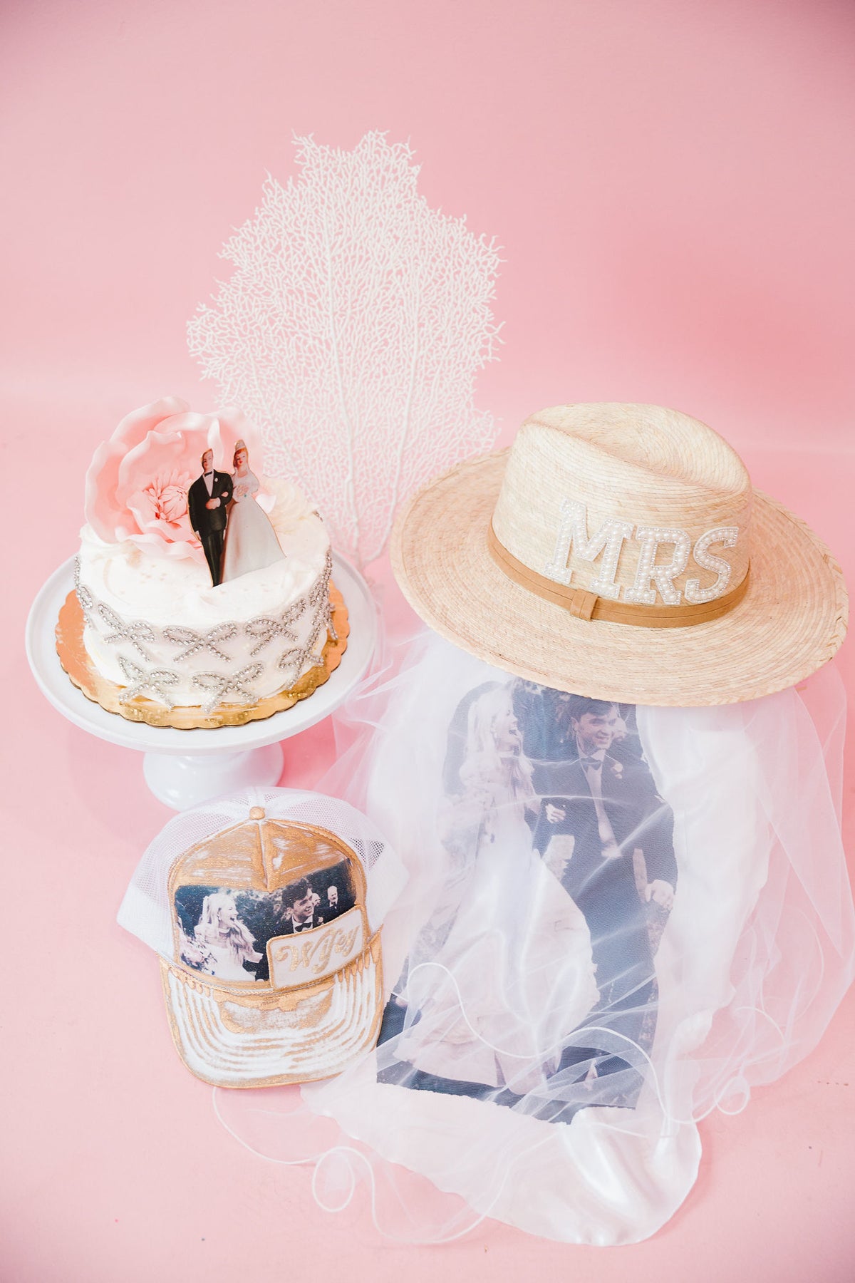 Judith March Tan \'Mrs\' Hat with White Veil GOING TO THE CHAPEL SUN HAT – Judith March main image 4