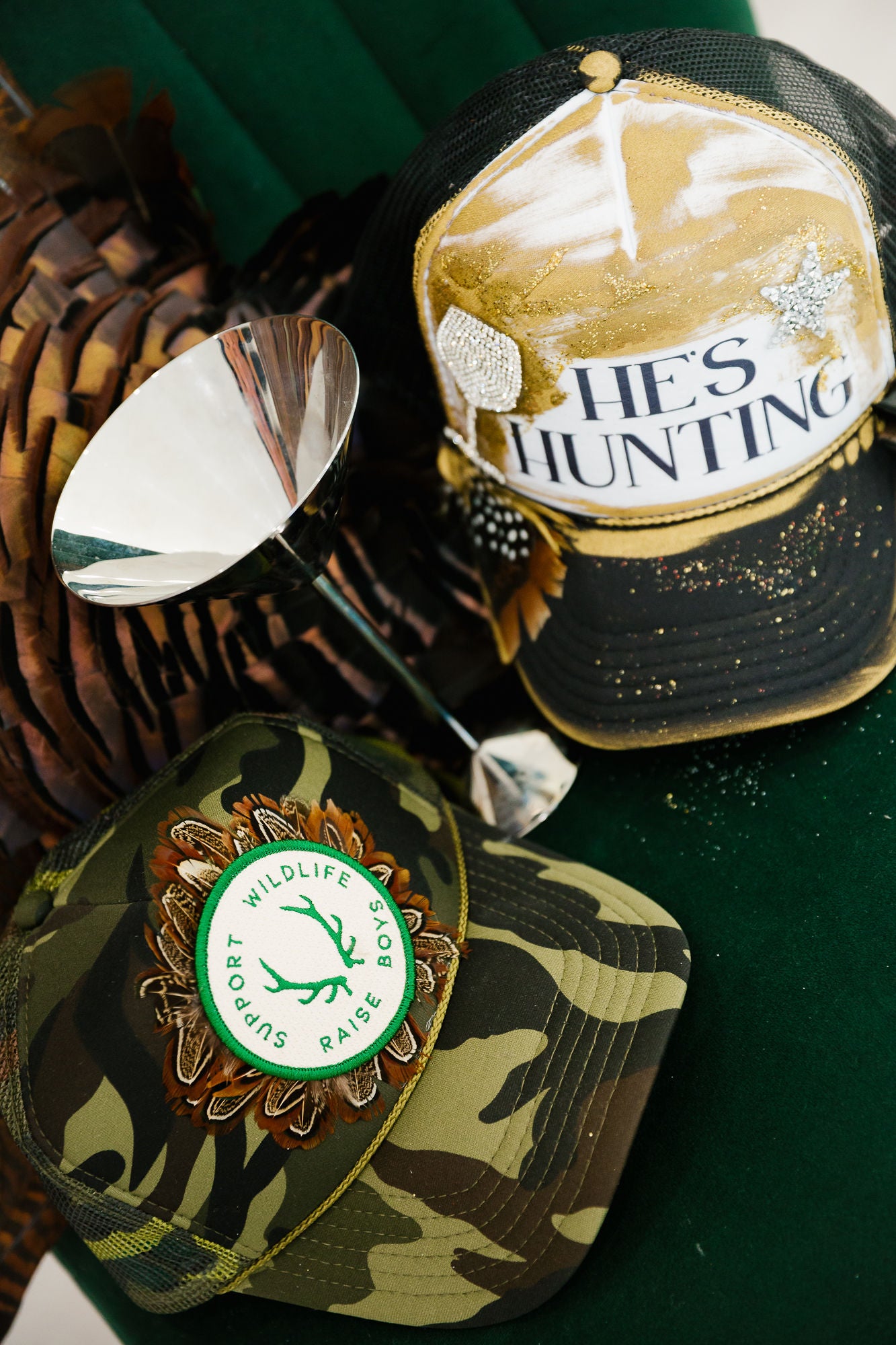 HE'S HUNTING BLACK TRUCKER HAT HAT Judith March