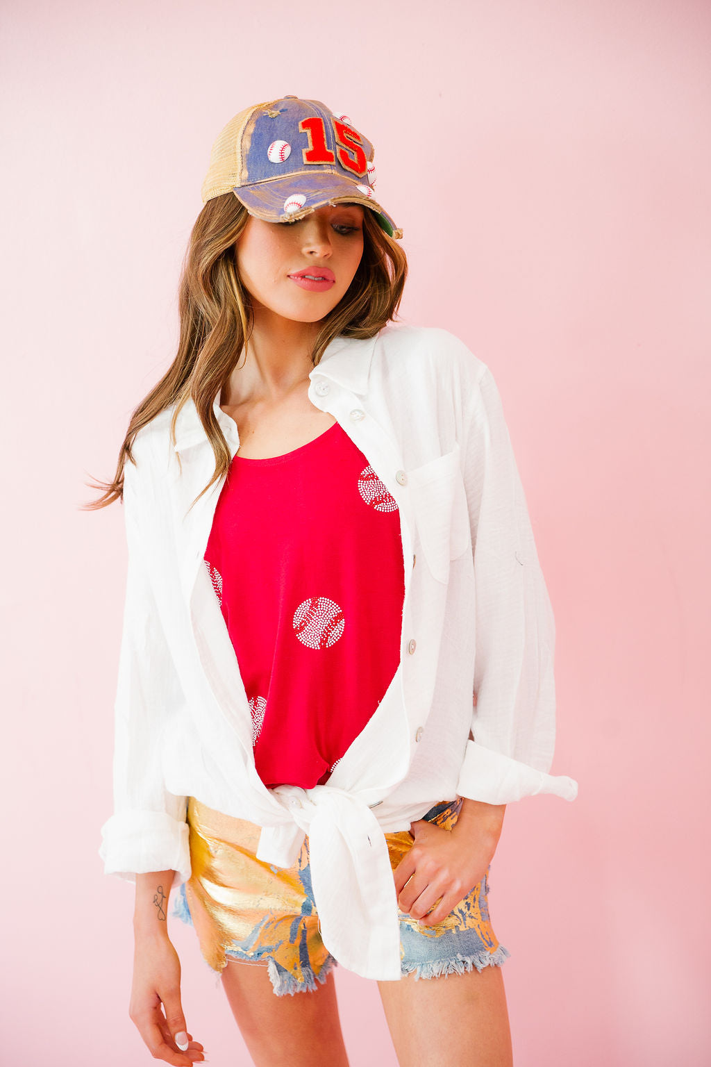 PLAY BALL WHITE BUTTON DOWN Button Down Judith March