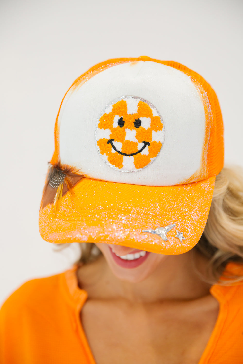 CHECKERED SMILEY TEXAS TRUCKER HAT gameday23 Judith March