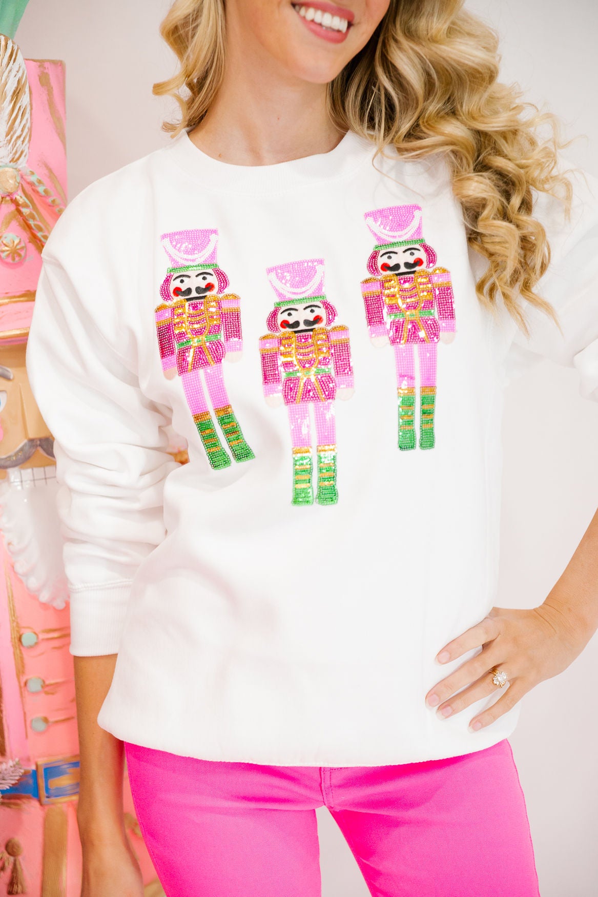 PINK SEQUIN NUTCRACKER WHITE PULLOVER PULLOVER Judith March