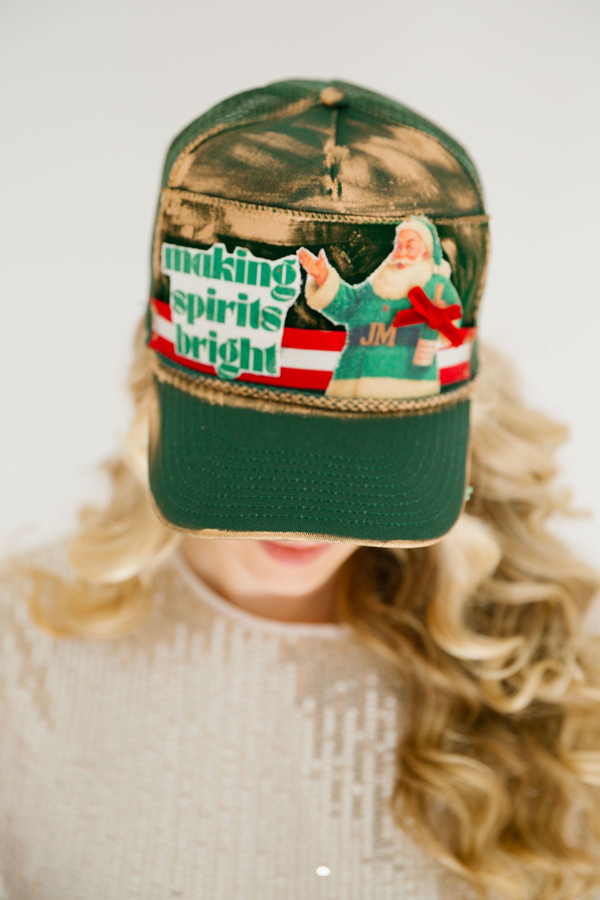 MAKING SPIRITS BRIGHT GREEN STRUCTURED HAT TRUCKER HAT Judith March