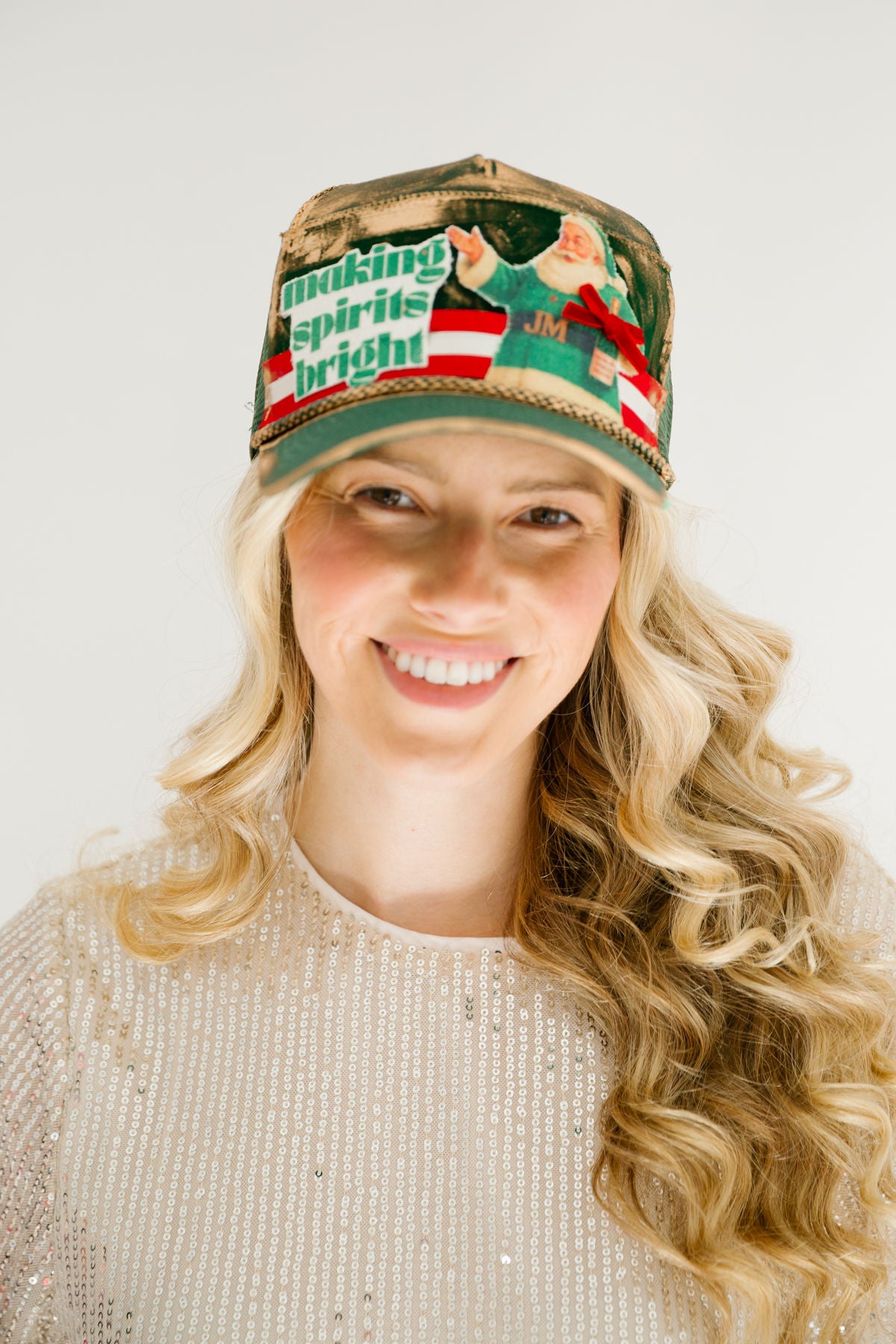 MAKING SPIRITS BRIGHT GREEN STRUCTURED HAT TRUCKER HAT Judith March