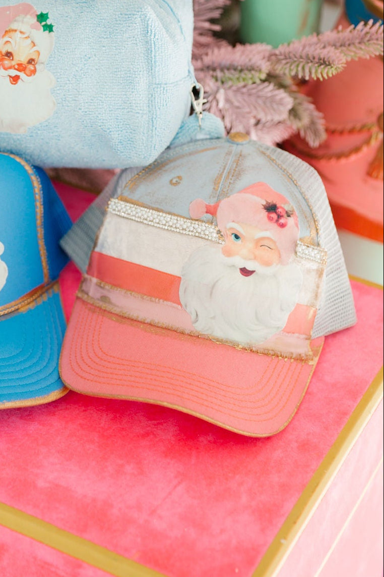 WINKIN' SANTA PINK STRUCTURED HAT TRUCKER HAT Judith March