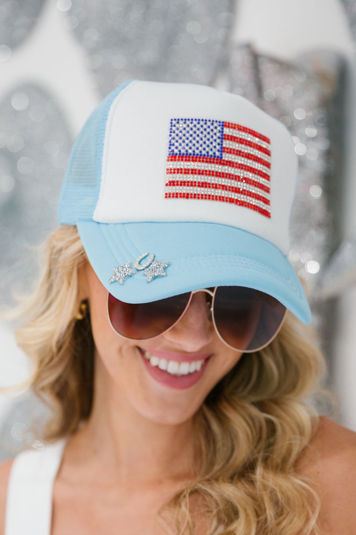 ❤️?Judith March - Gray Road Trippin Trucker Hat - OS Judith March Patchwork Texas Trucker Hat Blue One Size  main image 3
