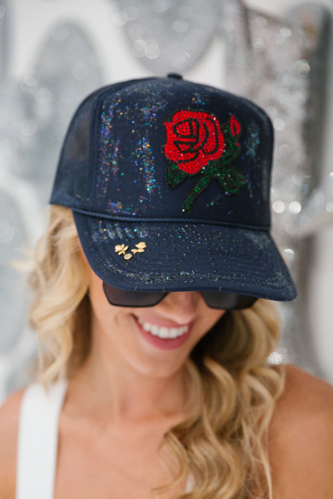 Navy trucker hat with rhinestone red rose and glitter option