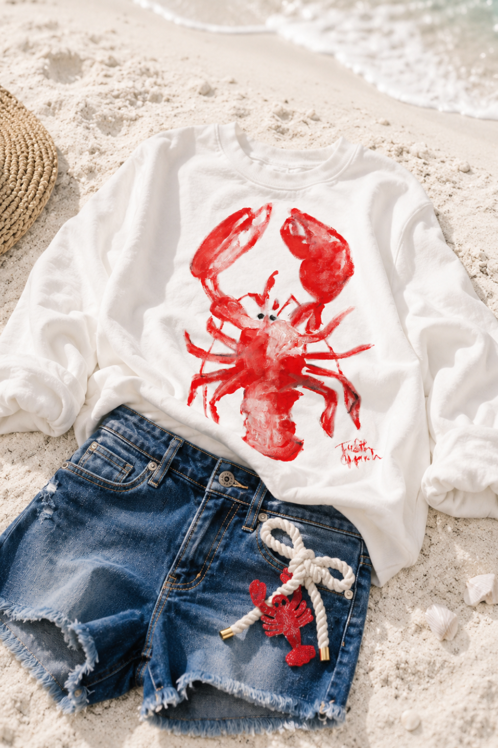 LOBSTER SEASON HAND PAINTED WHITE PULLOVER PULLOVER Judith March