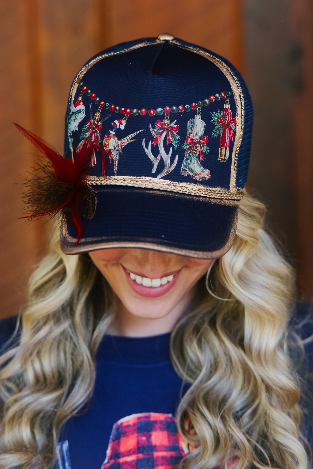 CHRISTMAS AT THE CABIN NAVY STRUCTURED HAT TRUCKER HAT Judith March