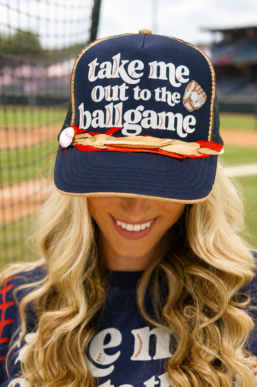 TAKE ME OUT TO THE BALLGAME NAVY TRUCKER HAT HAT Judith March