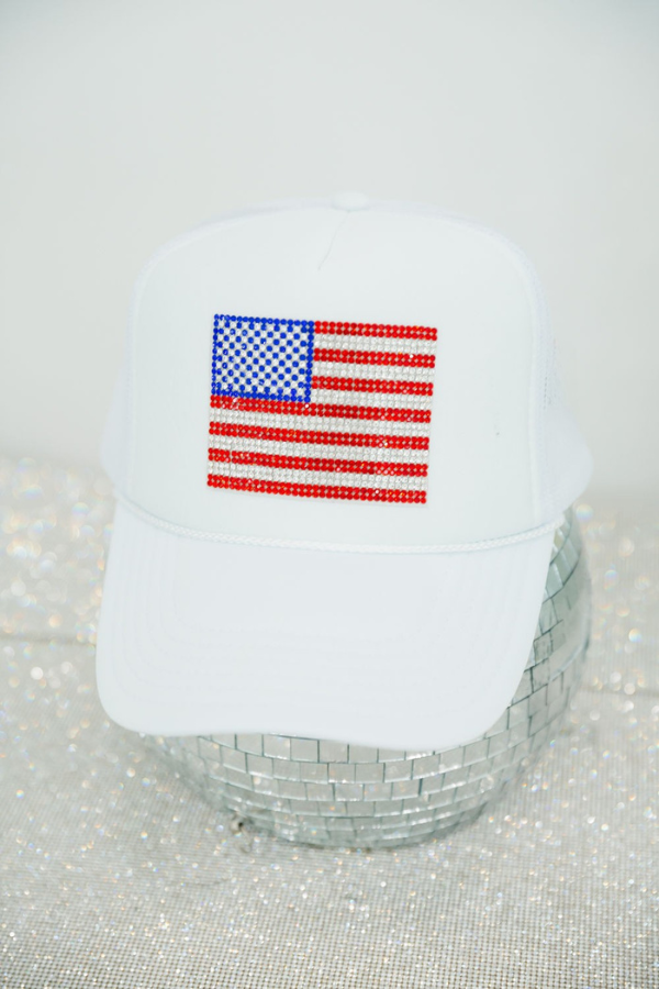 RHINESTONE FLAG WHITE TRUCKER HAT (PRE-ORDER) TRUCKER HAT Judith March