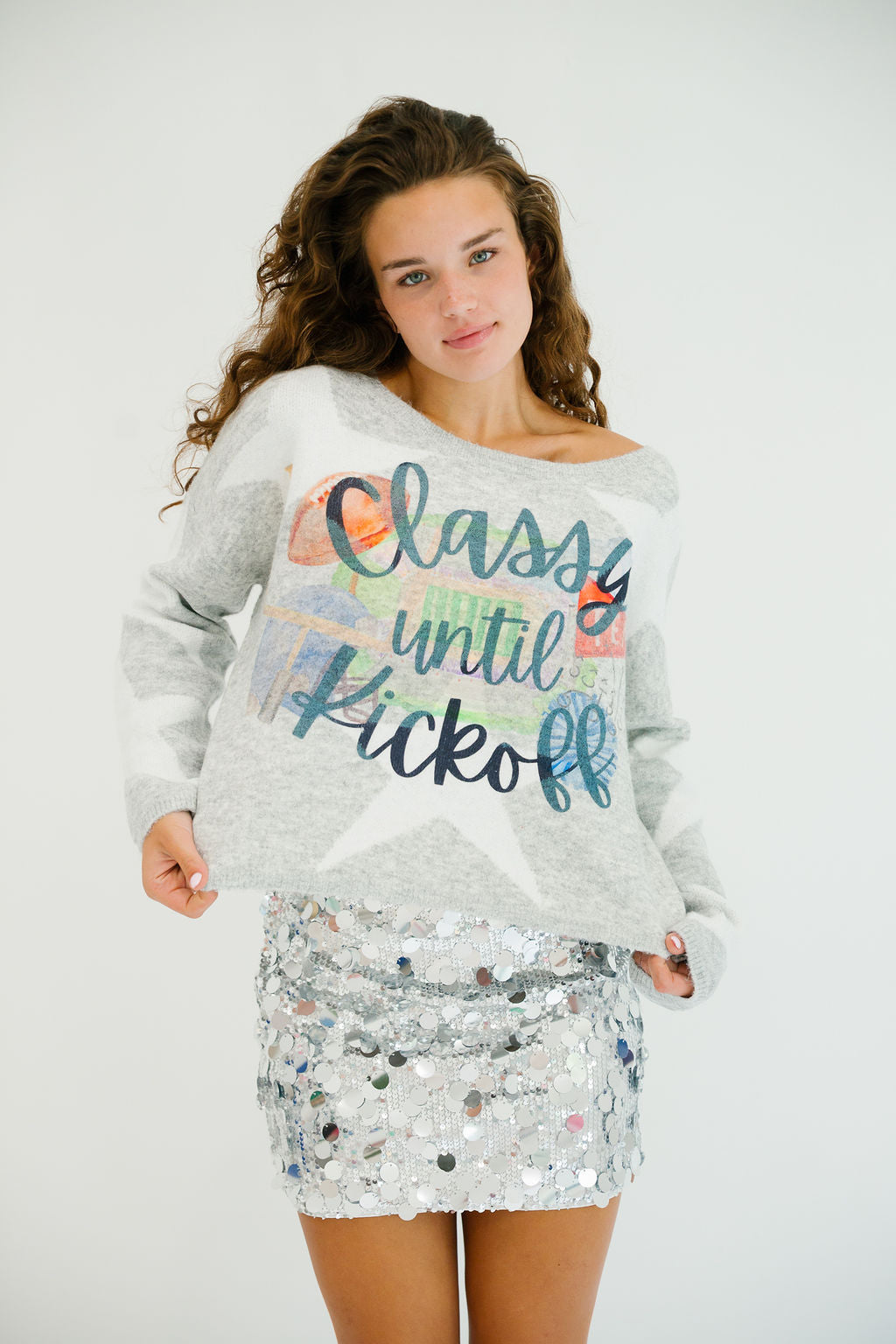 CLASSY UNTIL KICKOFF GREY STAR SWEATER SWEATER Judith March