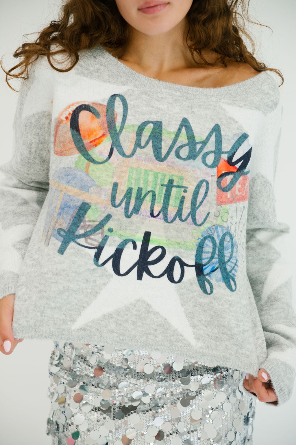 CLASSY UNTIL KICKOFF GREY STAR SWEATER SWEATER Judith March