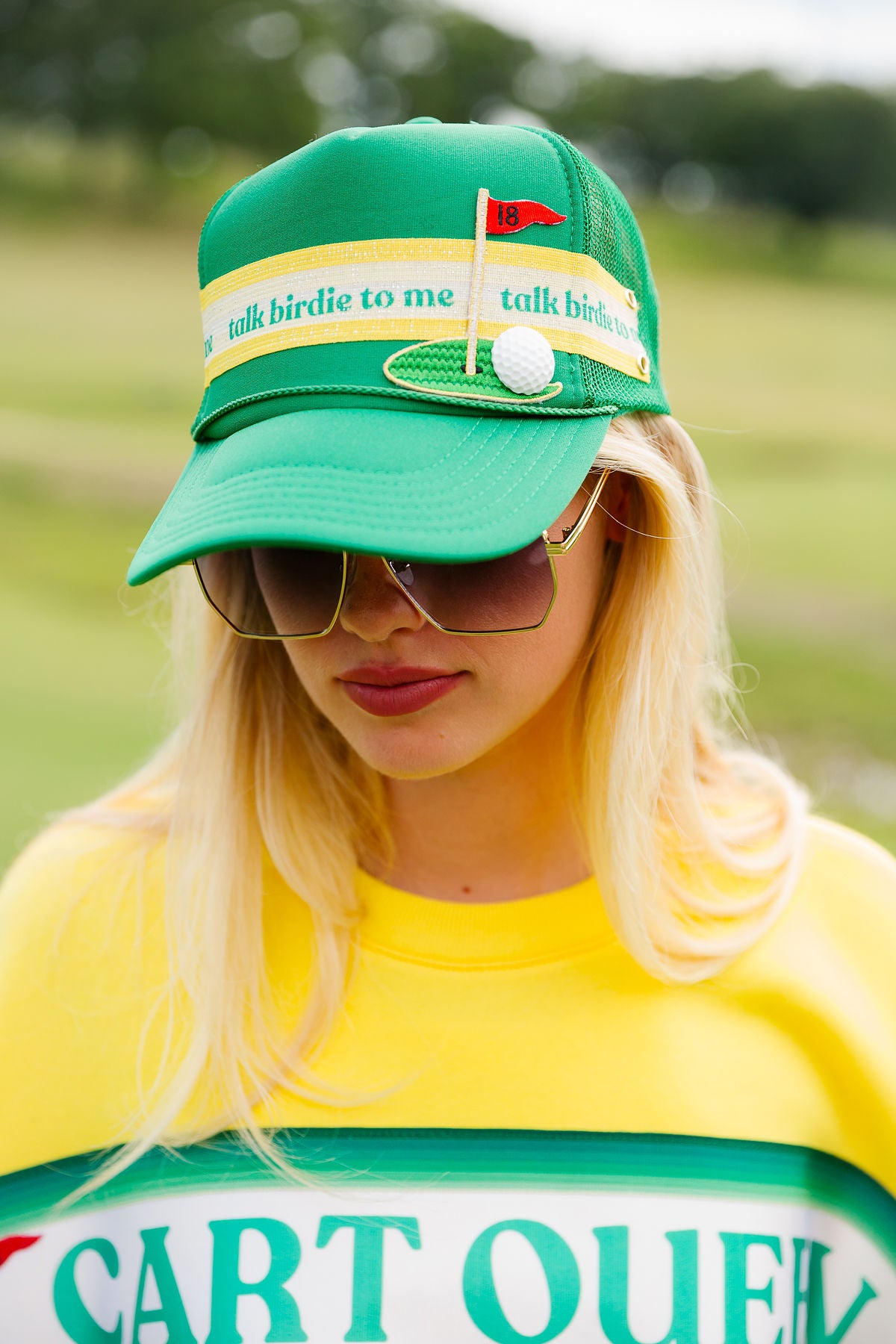 TALK BIRDIE TO ME GREEN TRUCKER HAT HAT Judith March