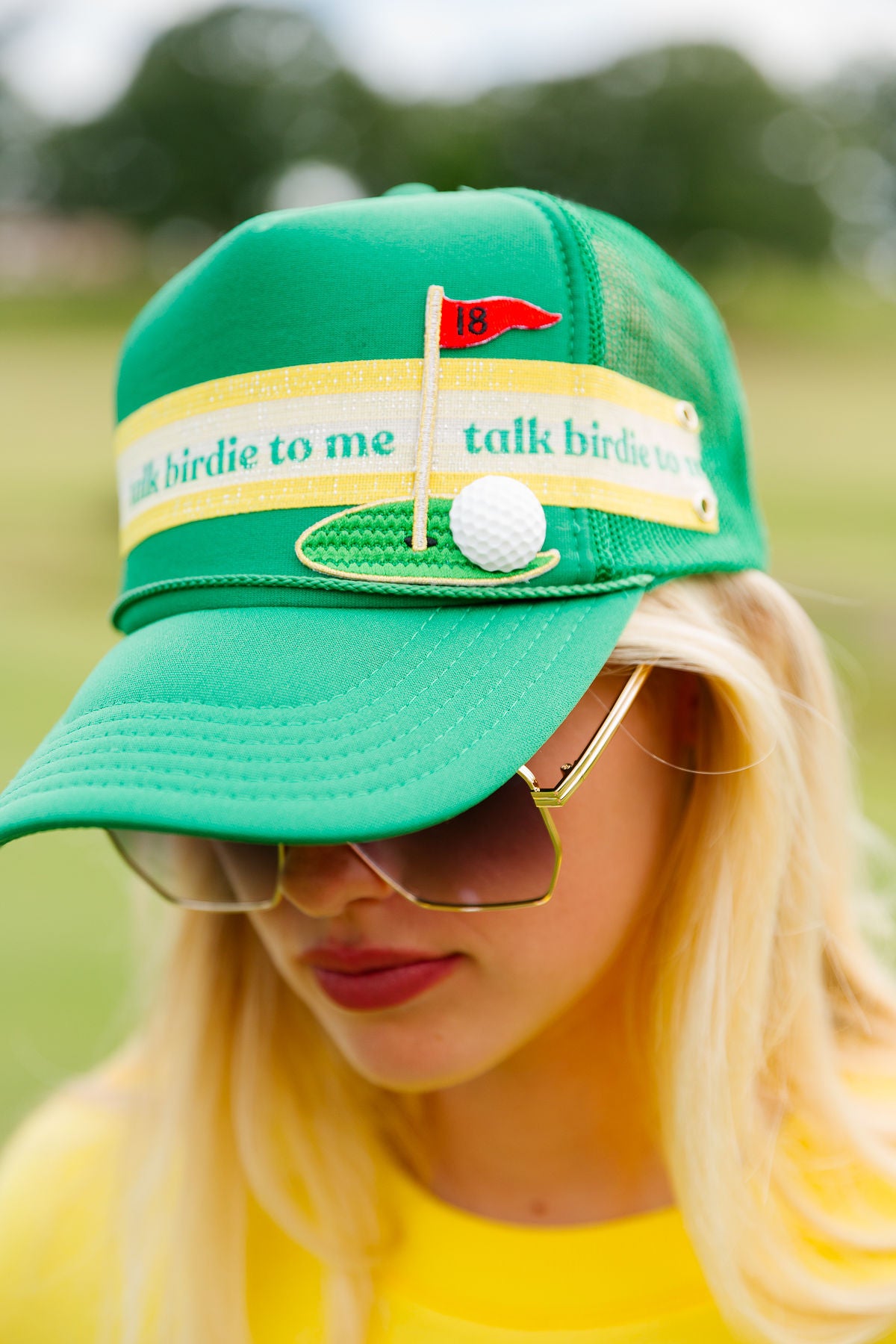 TALK BIRDIE TO ME GREEN TRUCKER HAT HAT Judith March