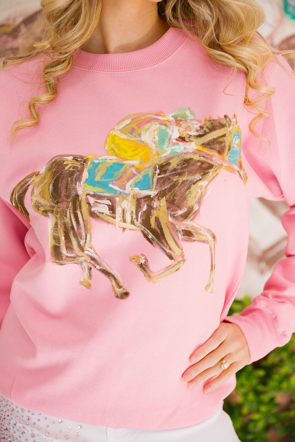 RACE SEASON HAND PAINTED PINK PULLOVER PULLOVER Judith March