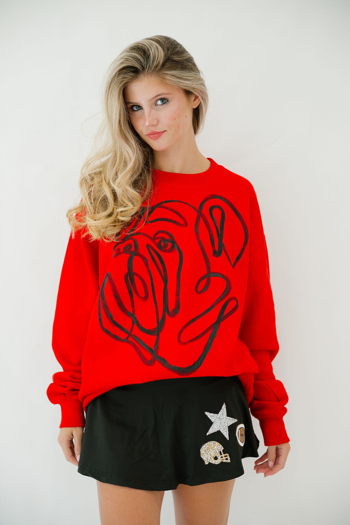 BULLDOG HAND PAINTED RED PULLOVER SKIRT Judith March